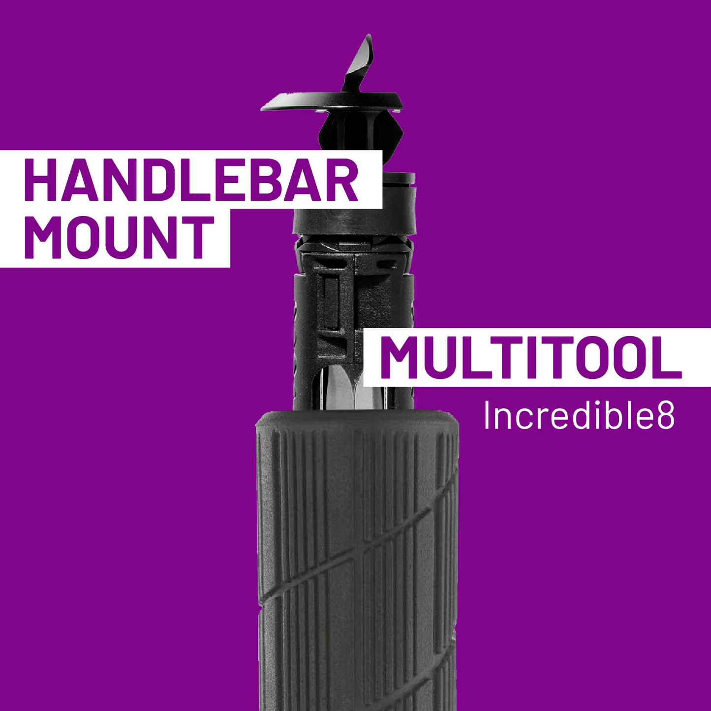 Multitool handlebar mount with 'Incredible8' branding on a purple background