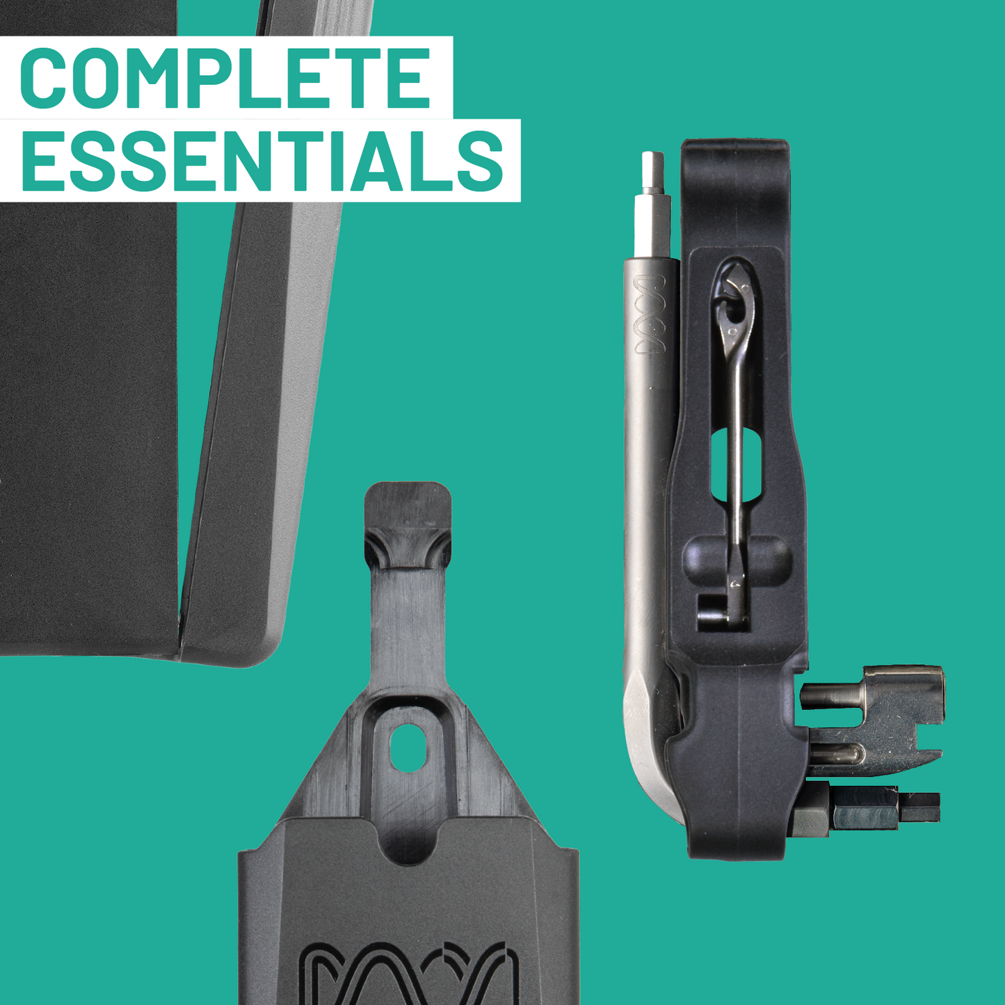 Set of tools with a black case on a teal background, labeled 'Complete Essentials'.