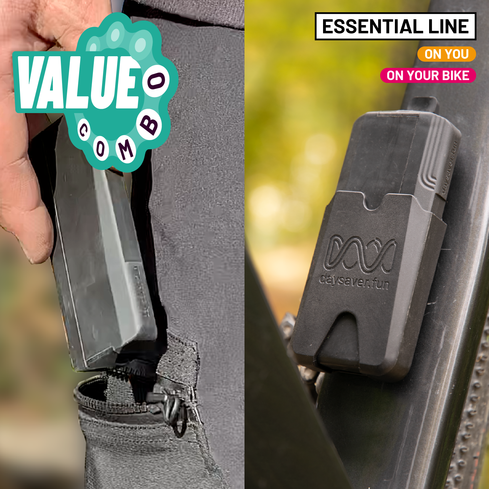 Small black device attached to a bicycle with branding and promotional text.