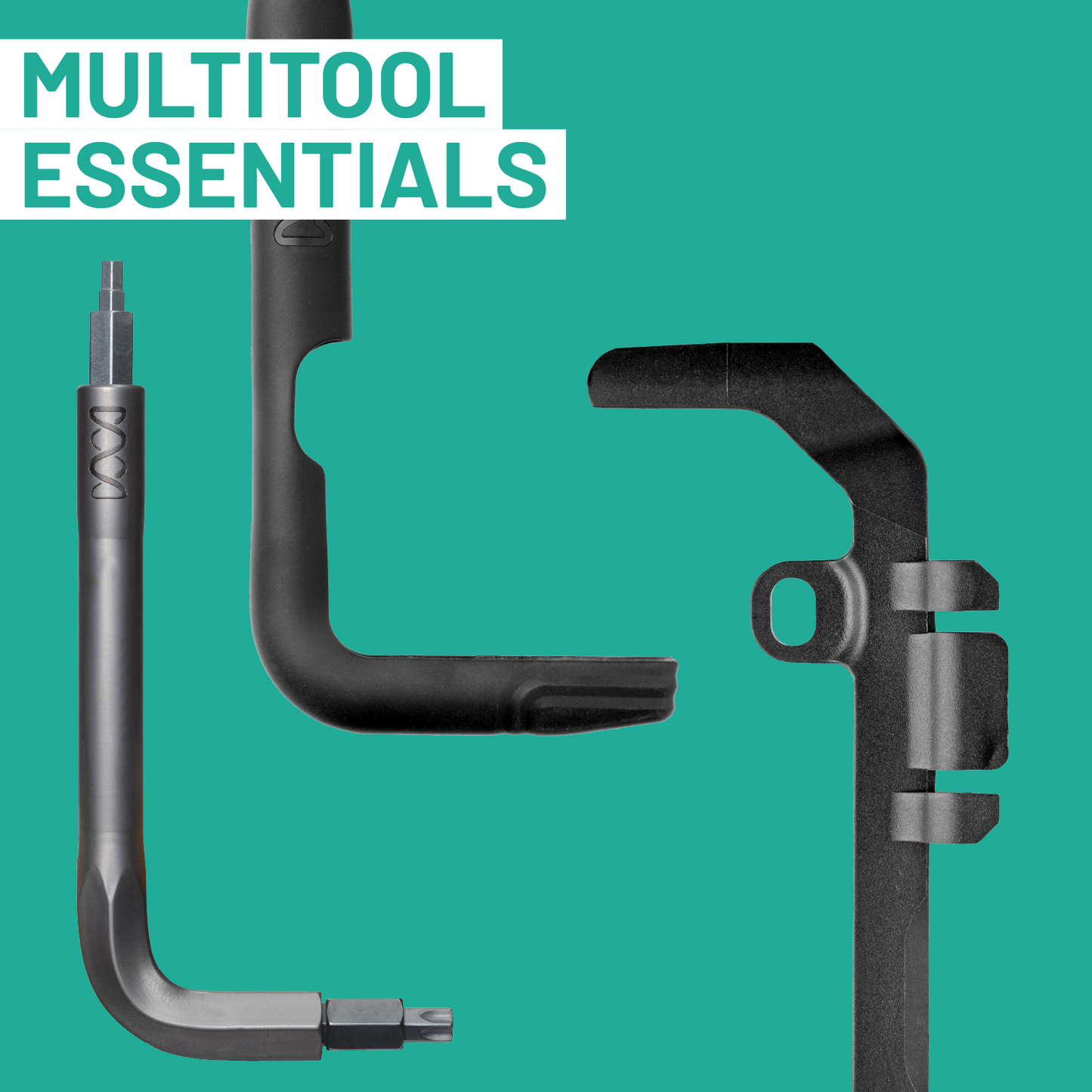 Black multitool with various attachments on a teal background, labeled 'Multitool Essentials'.