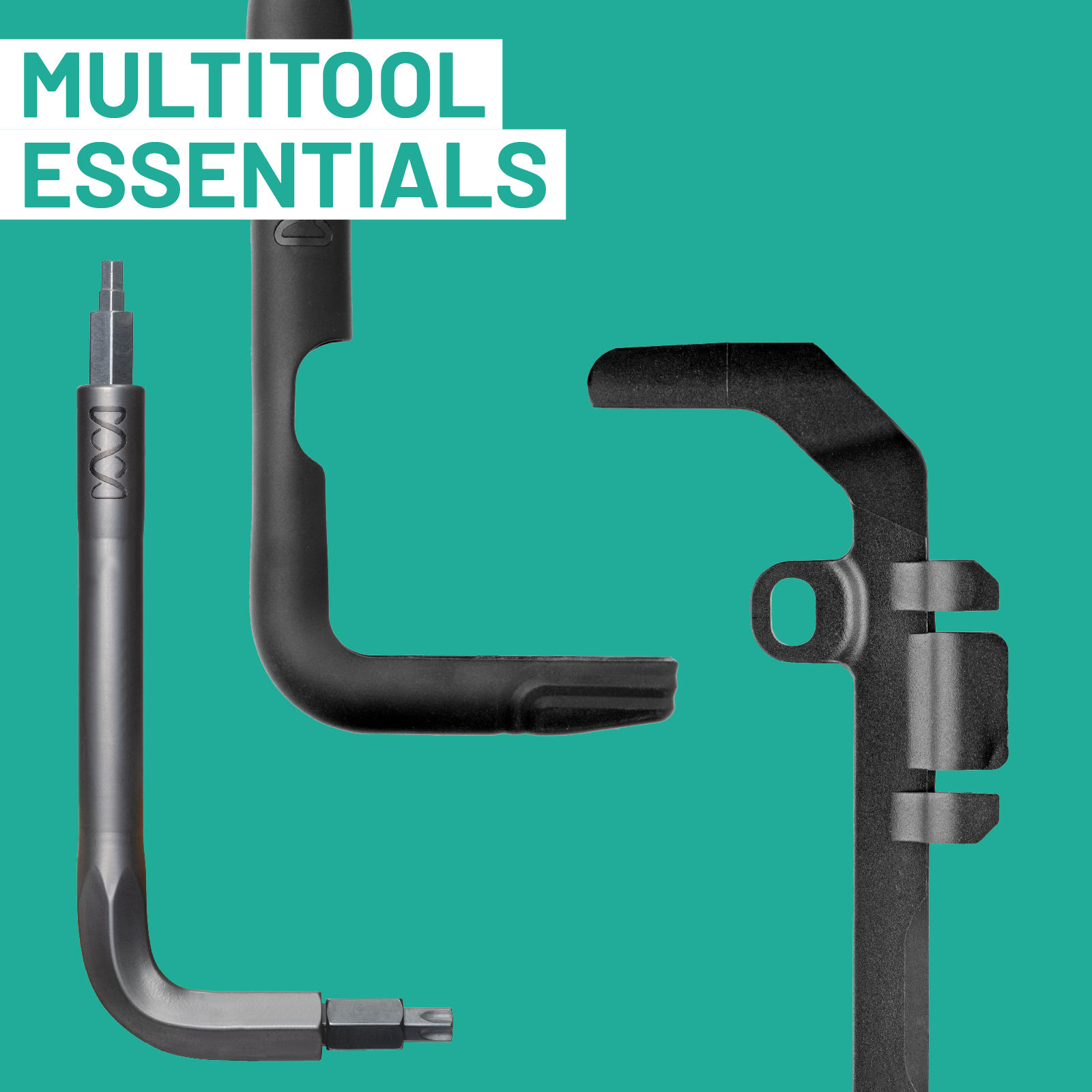 Black multitool with various attachments on a teal background, labeled 'Multitool Essentials'.