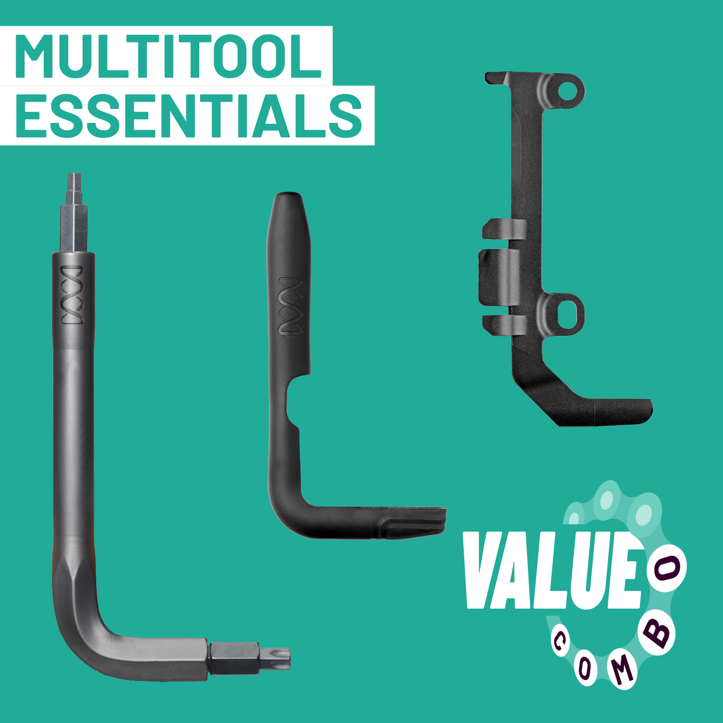 Multitool components on a teal background with 'Multitool Essentials' text.