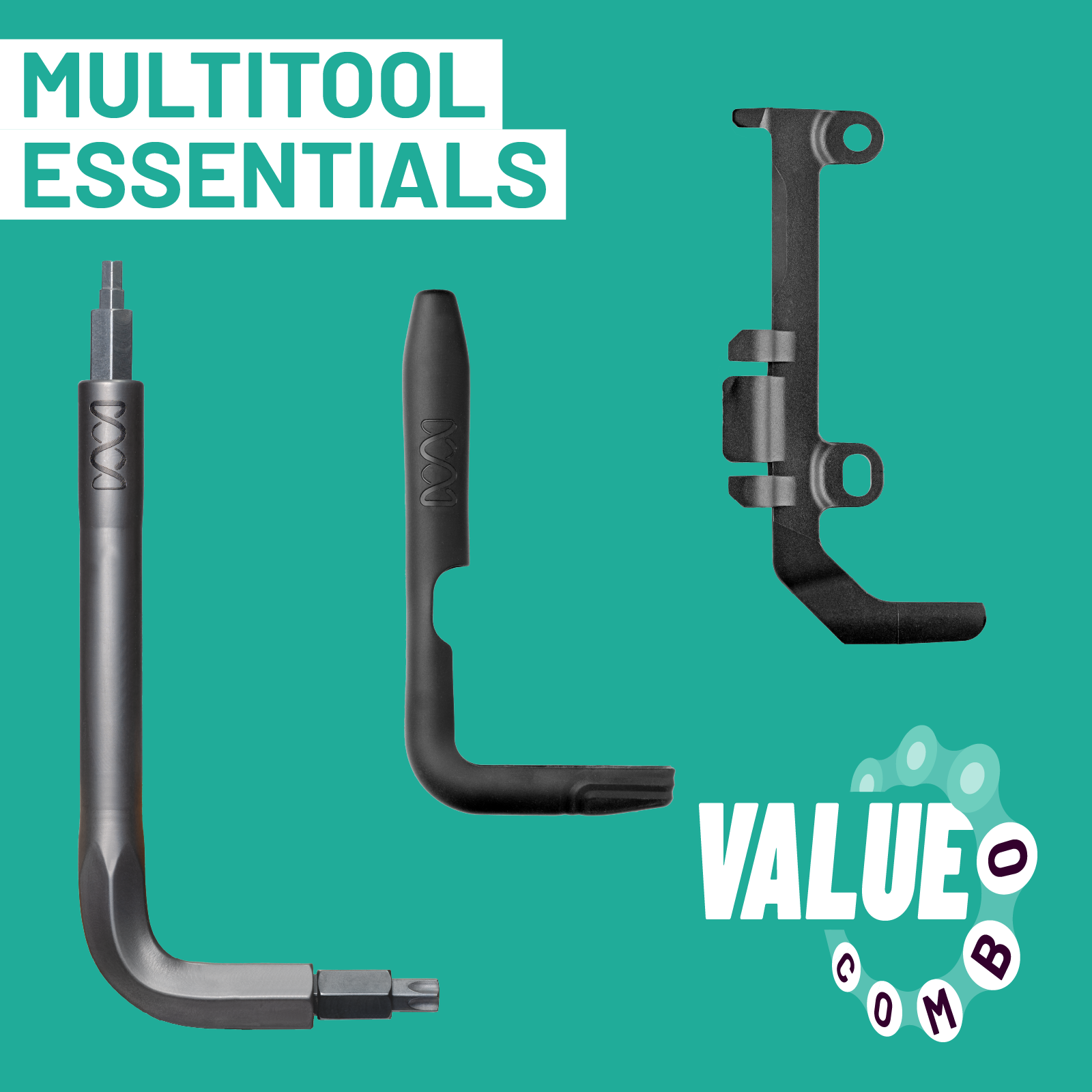 Multitool components on a teal background with 'Multitool Essentials' text.