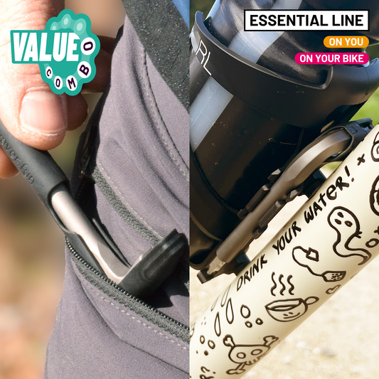 Bicycle water bottle holder with text 'Essential Line' and 'Drink Your Water!' on a blurred background.