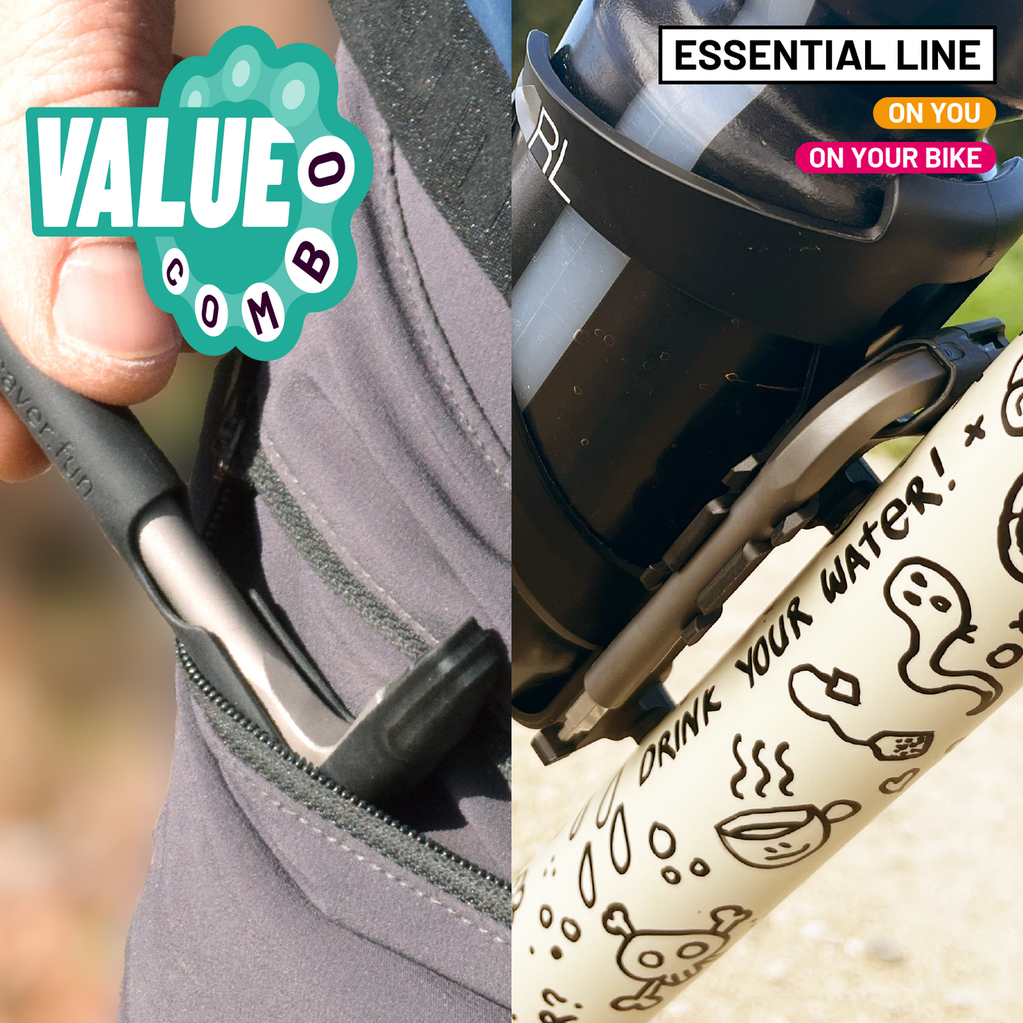 Bicycle water bottle holder with text 'Essential Line' and 'Drink Your Water!' on a bike tire.