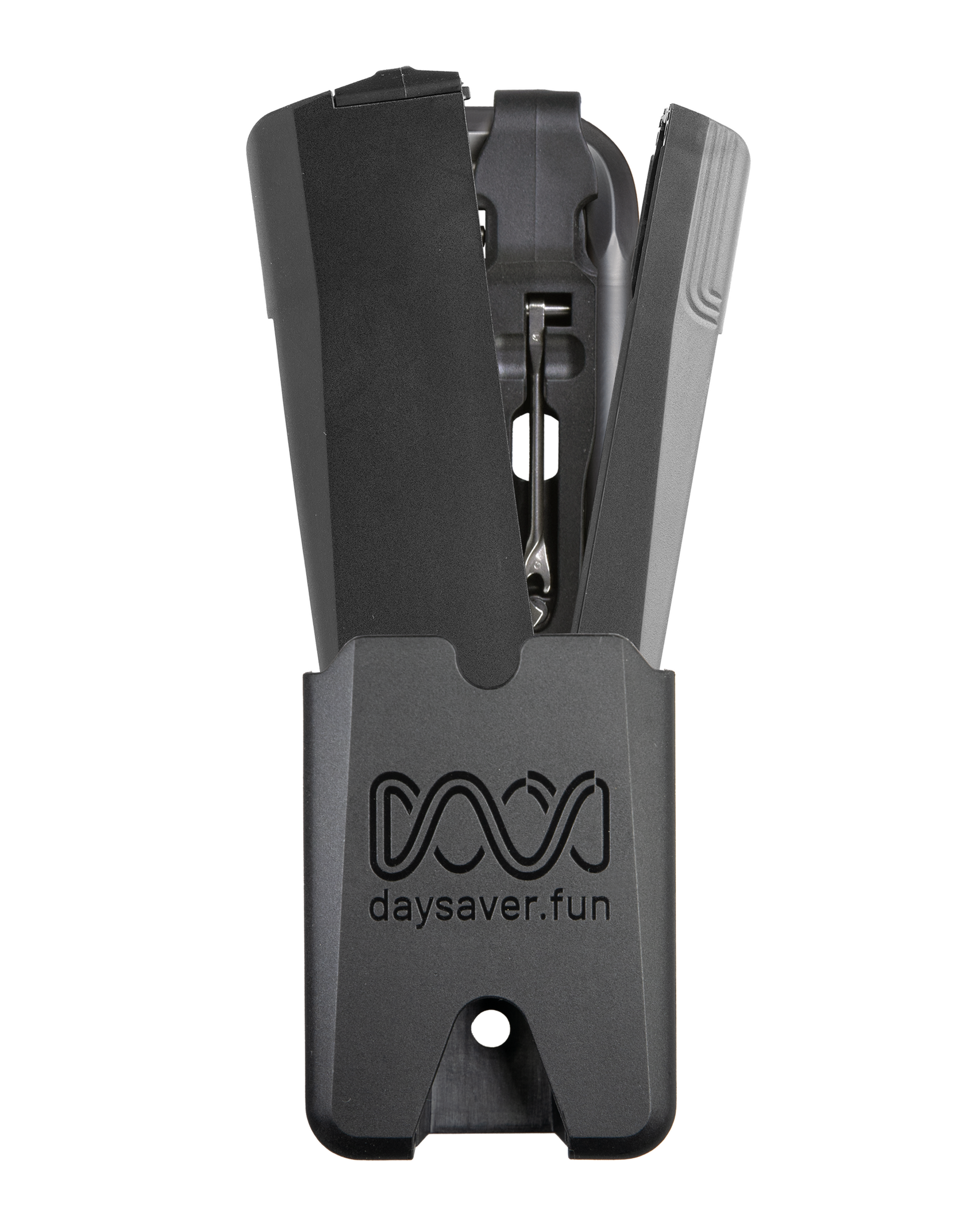 The Daysaver Guard Protection Case inserted in the Daysaver Guard Frame Mount, showing the Daysaver Tools Essential8 and the extension Coworking6TL.