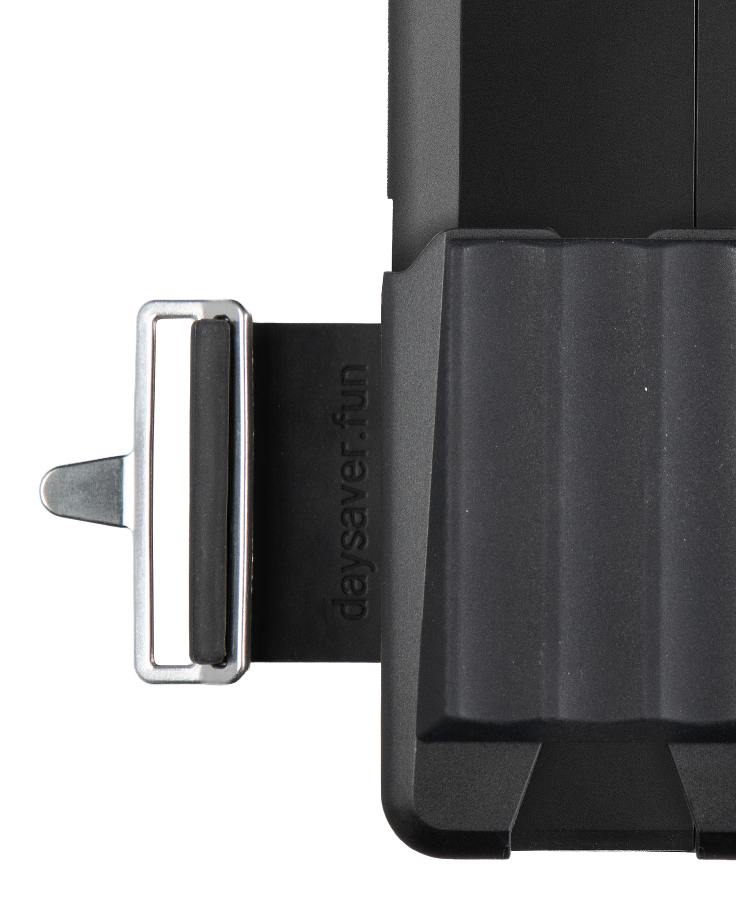 Close-up of a black belt with 'day saver' branding on a white background