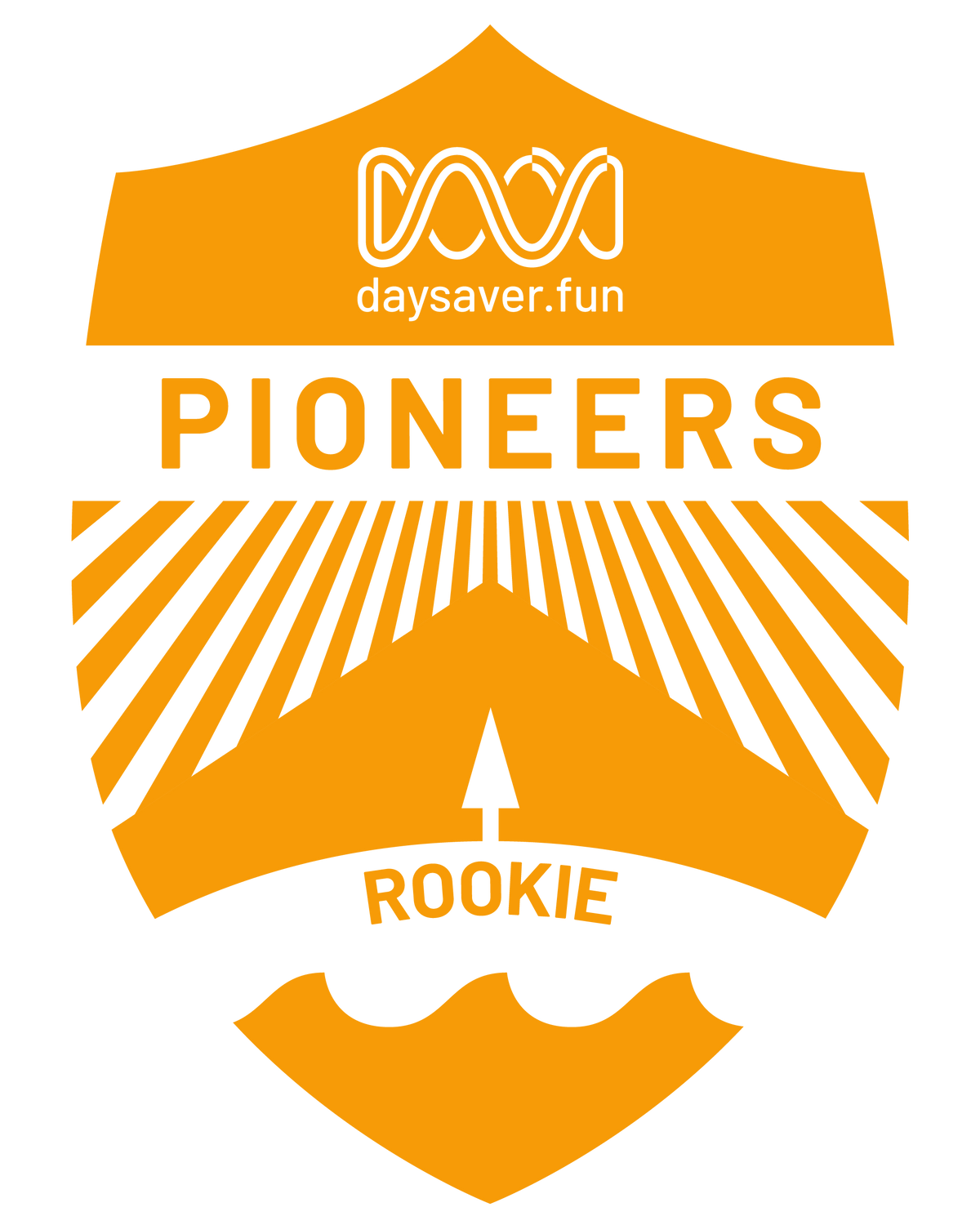 Logo with 'daysaver.fun' and 'Pioneers' and 'ROOKIE' text, featuring a mountain and tree design.