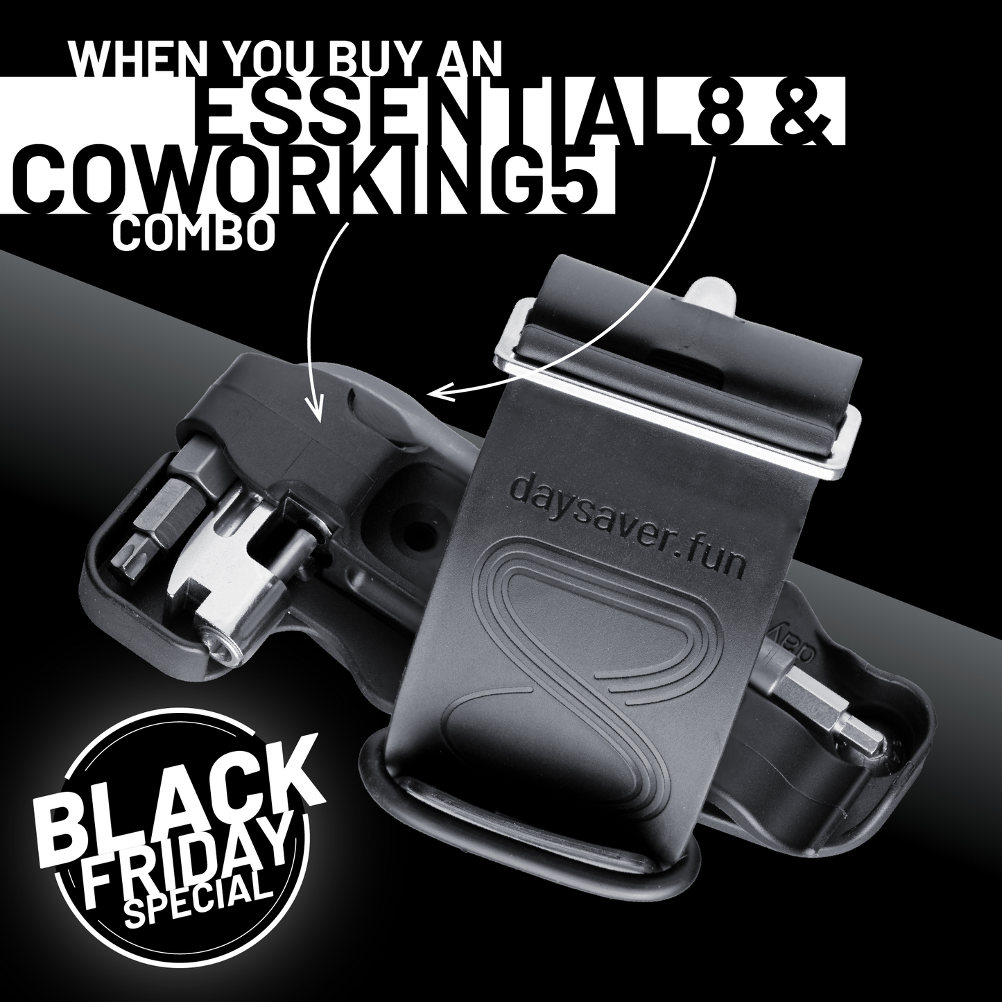 Black device with 'daysaver.fun' branding on a black background with promotional text.