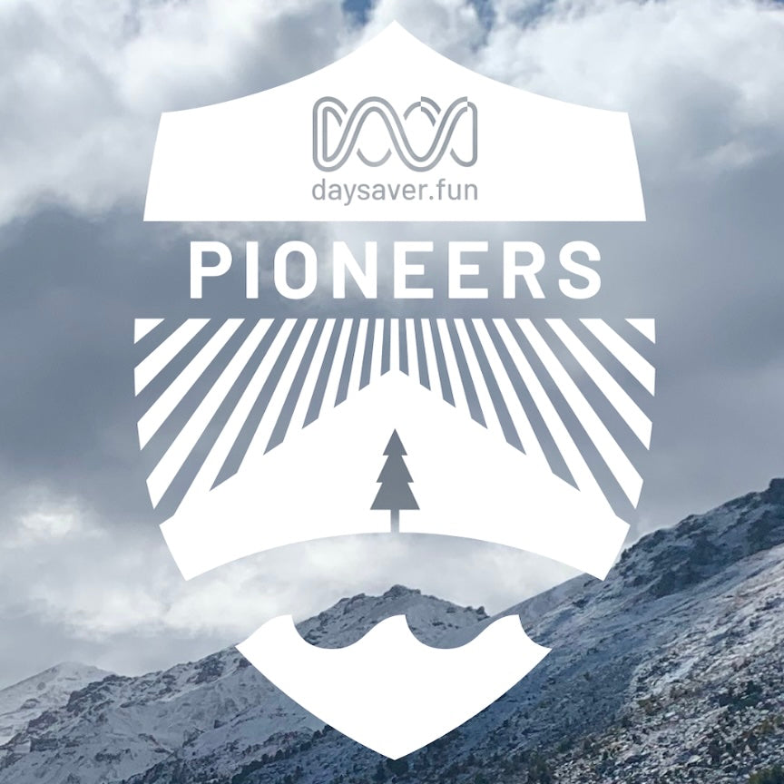Mountain landscape with 'Pioneers' text and logo overlay against a cloudy sky.