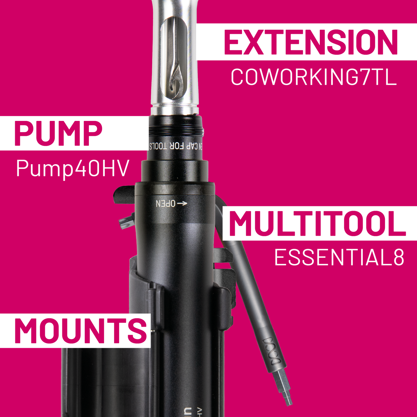 The ultimate tool and pump kit attached to your bike - pump, multitool and tubeless extension