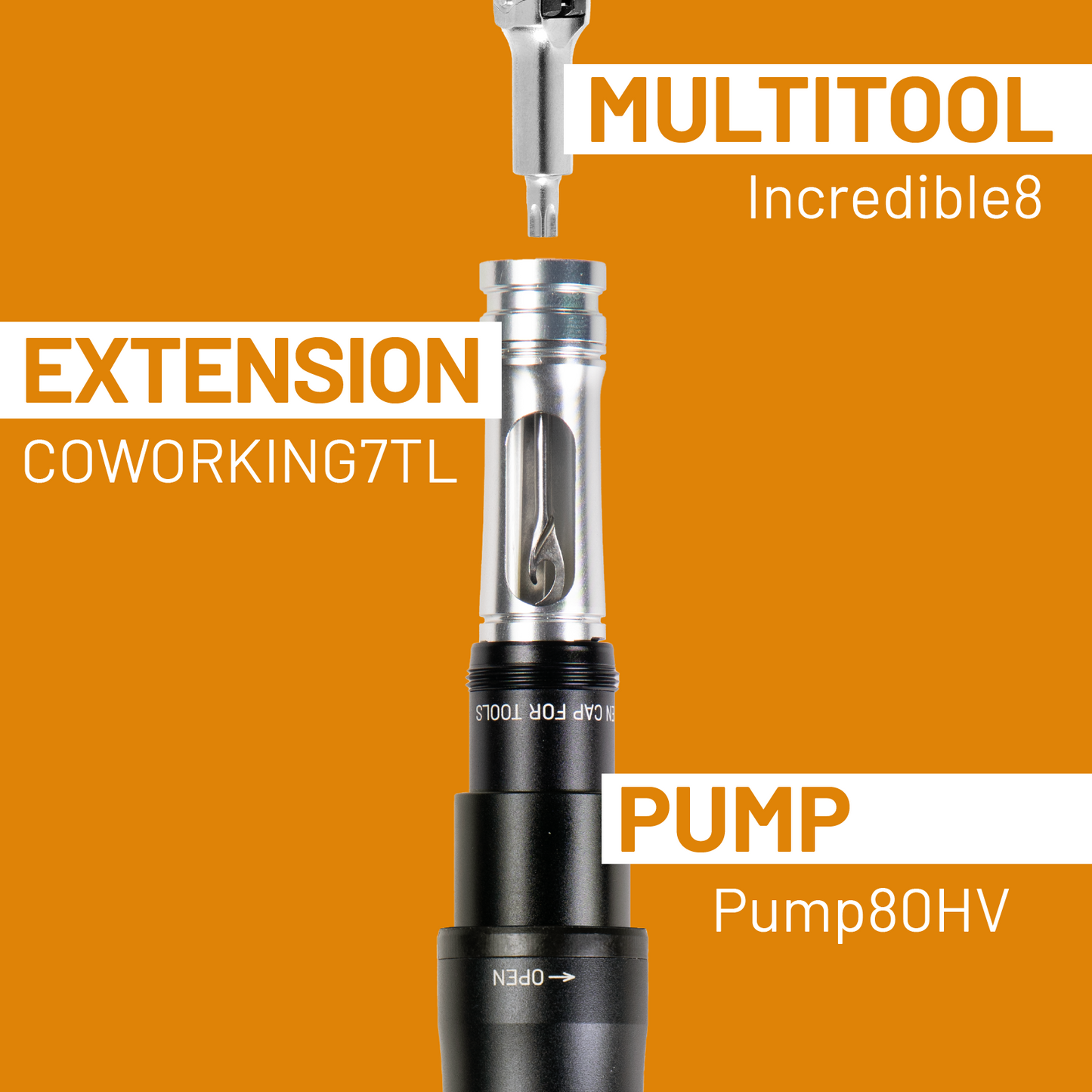 Multitool extension pump with branding on an orange background