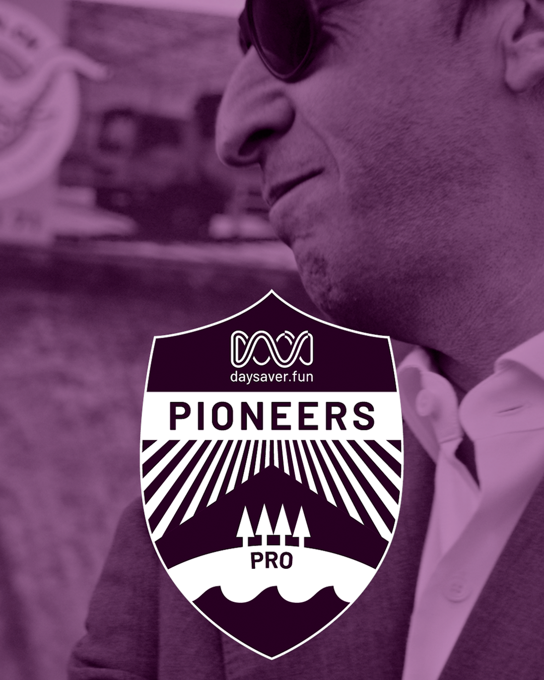 Man wearing sunglasses with a 'Pioneers Pro' logo overlay on a blurred background