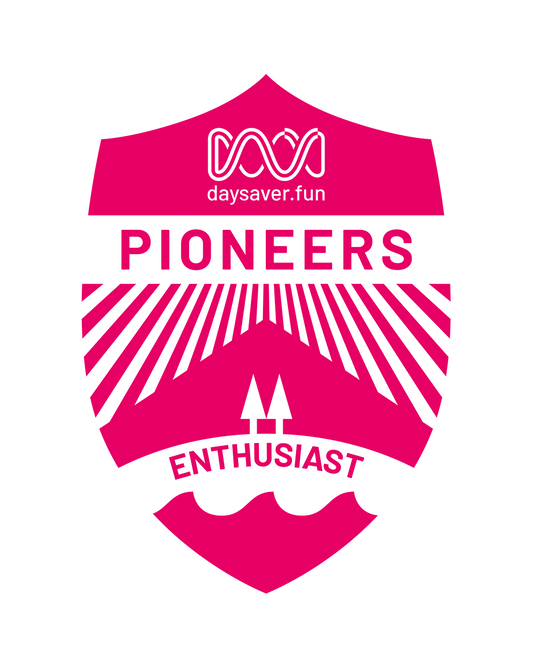 Logo with 'Pioneers Enthusiast' text and 'daysaver.fun' branding on a pink background