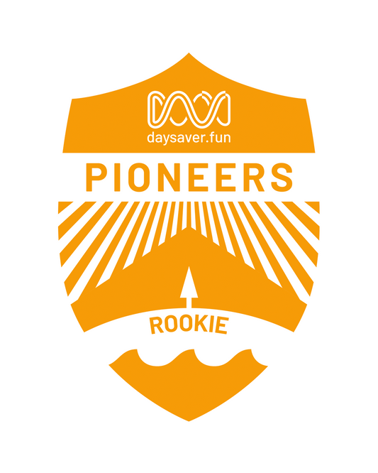 Logo with 'Pioneers' and 'Rookie' text on an orange background, featuring the Daysaver.fun logo.