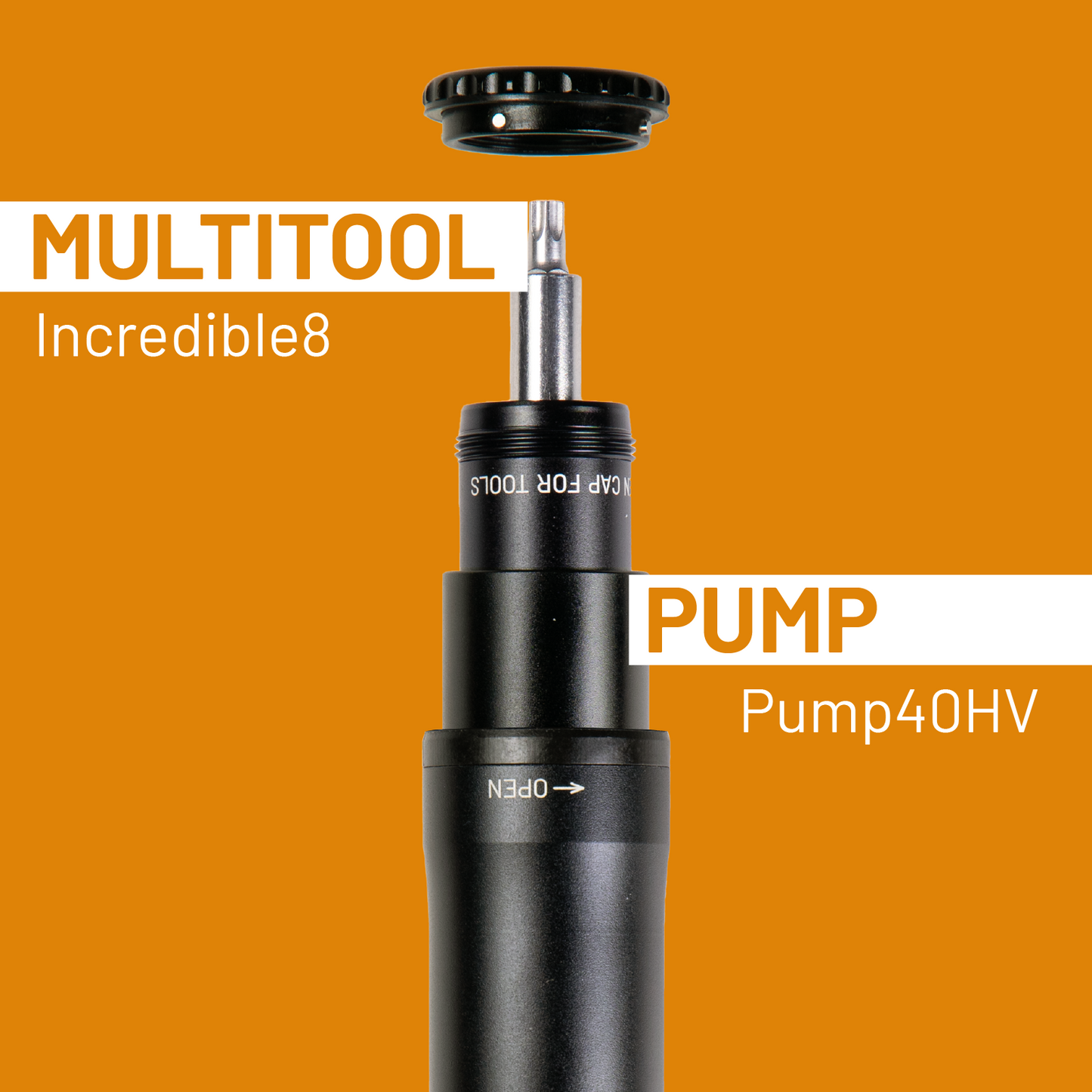 Multitool pump with 'Incredible8' branding on an orange background